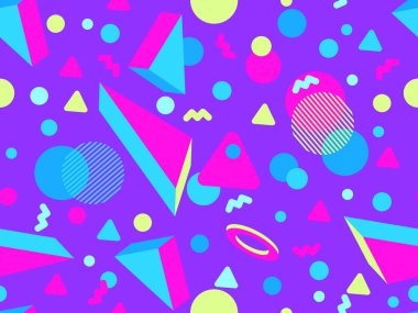 Memphis 'in 80' ler tarzında 3 boyutlu geometrik şekilleri var. İzometrik 3D şekilli renkli geometrik desen. Promosyon ürünleri tasarımı, ambalaj kağıdı ve baskı. Vektör illüstrasyonu