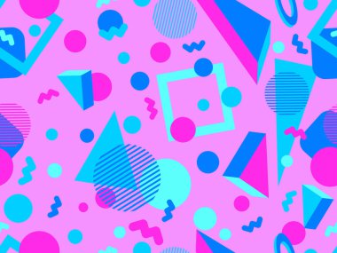 Memphis 'in 80' ler tarzında 3 boyutlu geometrik şekilleri var. İzometrik 3D şekilli renkli geometrik desen. Promosyon ürünleri tasarımı, ambalaj kağıdı ve baskı. Vektör illüstrasyonu