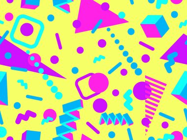 Memphis 'in 80' ler tarzında 3 boyutlu geometrik şekilleri var. İzometrik 3D şekilli renkli geometrik desen. Promosyon ürünleri tasarımı, ambalaj kağıdı ve baskı. Vektör illüstrasyonu