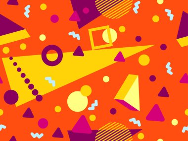 Memphis 'in 80' ler tarzında 3 boyutlu geometrik şekilleri var. İzometrik 3D şekilli renkli geometrik desen. Promosyon ürünleri tasarımı, ambalaj kağıdı ve baskı. Vektör illüstrasyonu
