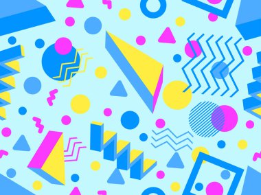 Memphis 'in 80' ler tarzında 3 boyutlu geometrik şekilleri var. İzometrik 3D şekilli renkli geometrik desen. Promosyon ürünleri tasarımı, ambalaj kağıdı ve baskı. Vektör illüstrasyonu