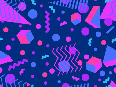 Memphis 'in 80' ler tarzında 3 boyutlu geometrik şekilleri var. İzometrik 3D şekilli renkli geometrik desen. Promosyon ürünleri tasarımı, ambalaj kağıdı ve baskı. Vektör illüstrasyonu