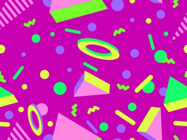 Memphis 'in 80' ler tarzında 3 boyutlu geometrik şekilleri var. İzometrik 3D şekilli renkli geometrik desen. Promosyon ürünleri tasarımı, ambalaj kağıdı ve baskı. Vektör illüstrasyonu