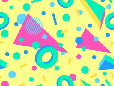 Memphis 'in 80' ler tarzında 3 boyutlu geometrik şekilleri var. İzometrik 3D şekilli renkli geometrik desen. Promosyon ürünleri tasarımı, ambalaj kağıdı ve baskı. Vektör illüstrasyonu