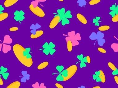 Renkli yonca yaprakları ve St. Patrick Günü için altın paralarla kusursuz desen. İrlanda bayramının sembolleri. Şenlikli duvar kağıdı, afiş ve kapak tasarımı. Vektör illüstrasyonu