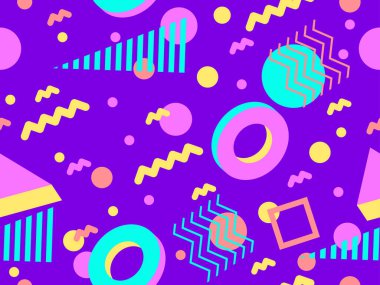 Memphis 'in 80' ler tarzında 3 boyutlu geometrik şekilleri var. İzometrik 3D şekilli renkli geometrik desen. Promosyon ürünleri tasarımı, ambalaj kağıdı ve baskı. Vektör illüstrasyonu