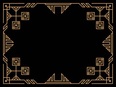 Art deco çerçeve. Klasik doğrusal sınır. Davetiyeler, broşürler ve tebrik kartları için bir şablon tasarla. Geometrik altın çerçeveli. 1920 'lerin tarzı - 1930' lar. Vektör illüstrasyonu