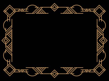 Art deco çerçeve. Klasik doğrusal sınır. Davetiyeler, broşürler ve tebrik kartları için bir şablon tasarla. Geometrik altın çerçeveli. 1920 'lerin tarzı - 1930' lar. Vektör illüstrasyonu