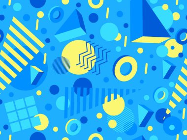 80 'lerin tarzında 3 boyutlu geometrik kusursuz desen. Üç boyutlu izometrik üçgenler, zikzaklar ve daireler. Geometrik memphis tarzı. Promosyon ürünleri, ambalaj kağıdı ve baskı için tasarım. Vektör illüstrasyonu