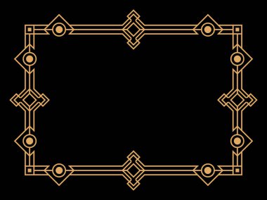 Art deco çerçeve. Klasik doğrusal sınır. Davetiyeler, broşürler ve tebrik kartları için bir şablon tasarla. Geometrik altın çerçeveli. 1920 'lerin tarzı - 1930' lar. Vektör illüstrasyonu