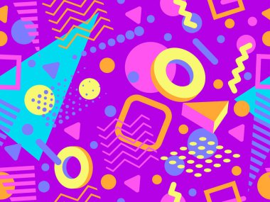 80 'ler ve 90' lar tarzında geometrik şekilli kusursuz Memphis deseni. Farklı şekil ve renklerin geometrik şekilleri. Promosyon ürünleri tasarımı, ambalaj kağıdı ve baskı. Vektör illüstrasyonu