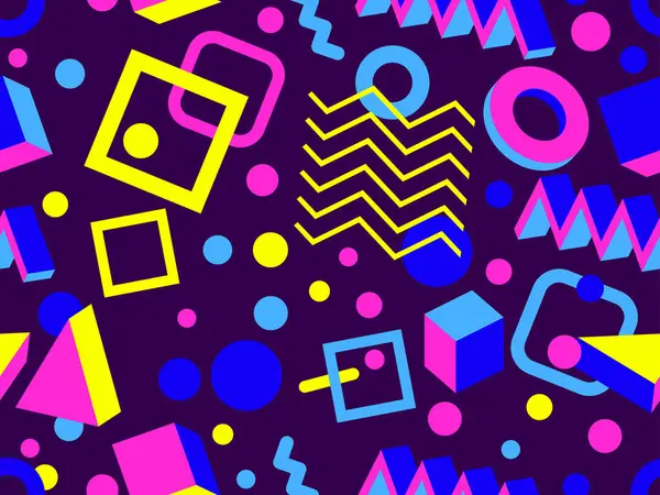 80 'ler ve 90' lar tarzında geometrik şekilli kusursuz Memphis deseni. Farklı şekil ve renklerin geometrik şekilleri. Promosyon ürünleri tasarımı, ambalaj kağıdı ve baskı. Vektör illüstrasyonu
