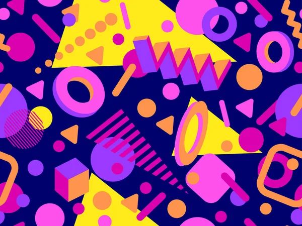 80 'lerin tarzında Memphis elementleriyle geometrik kusursuz desen. Renkli geometrik desen. Promosyon ürünleri tasarımı, ambalaj kağıdı ve baskı. Vektör illüstrasyonu