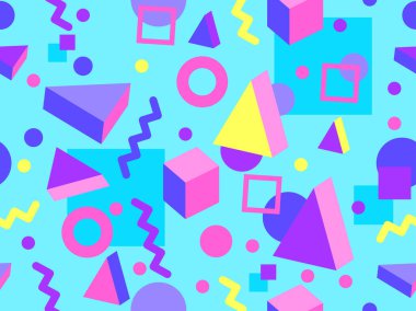 80 'ler ve 90' lar tarzında geometrik şekilli kusursuz Memphis deseni. Farklı şekil ve renklerin geometrik şekilleri. Promosyon ürünleri tasarımı, ambalaj kağıdı ve baskı. Vektör illüstrasyonu