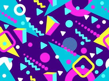 80 'lerin tarzında Memphis elementleriyle geometrik kusursuz desen. Renkli geometrik desen. Promosyon ürünleri tasarımı, ambalaj kağıdı ve baskı. Vektör illüstrasyonu