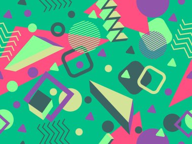 80 'lerin tarzında Memphis elementleriyle geometrik kusursuz desen. Renkli geometrik desen. Promosyon ürünleri tasarımı, ambalaj kağıdı ve baskı. Vektör illüstrasyonu