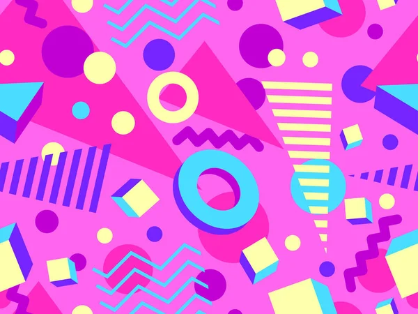 80 'lerin tarzında Memphis elementleriyle geometrik kusursuz desen. Renkli geometrik desen. Promosyon ürünleri tasarımı, ambalaj kağıdı ve baskı. Vektör illüstrasyonu