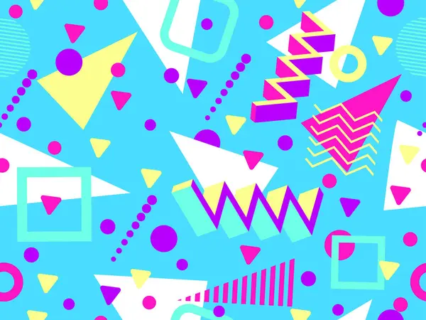 80 'lerin tarzında Memphis elementleriyle geometrik kusursuz desen. Renkli geometrik desen. Promosyon ürünleri tasarımı, ambalaj kağıdı ve baskı. Vektör illüstrasyonu