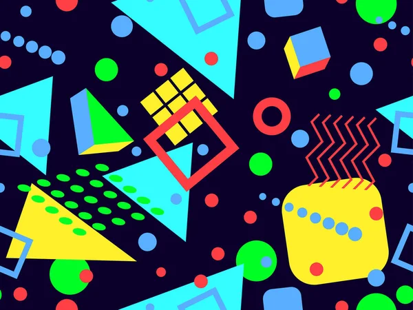 80 'ler ve 90' lar tarzında geometrik şekilli kusursuz Memphis deseni. Farklı şekil ve renklerin geometrik şekilleri. Promosyon ürünleri tasarımı, ambalaj kağıdı ve baskı. Vektör illüstrasyonu