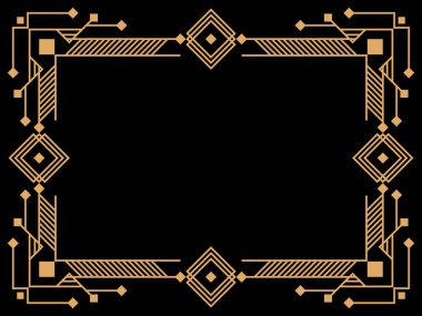 Art deco çerçeve. Klasik doğrusal sınır. Davetiyeler, broşürler ve tebrik kartları için bir şablon tasarla. Geometrik altın çerçeveli. 1920 'lerin tarzı - 1930' lar. Vektör illüstrasyonu