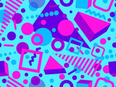 Memphis 'in 80' ler tarzında 3 boyutlu geometrik şekilleri var. İzometrik 3D şekilli renkli geometrik desen. Promosyon ürünleri tasarımı, ambalaj kağıdı ve baskı. Vektör illüstrasyonu