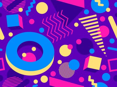 Memphis 'in 80' ler tarzında 3 boyutlu geometrik şekilleri var. İzometrik 3D şekilli renkli geometrik desen. Promosyon ürünleri tasarımı, ambalaj kağıdı ve baskı. Vektör illüstrasyonu