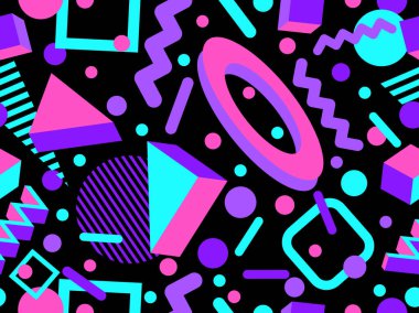 Memphis 'in 80' ler tarzında 3 boyutlu geometrik şekilleri var. İzometrik 3D şekilli renkli geometrik desen. Promosyon ürünleri tasarımı, ambalaj kağıdı ve baskı. Vektör illüstrasyonu