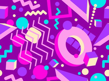 Memphis 'in 80' ler tarzında 3 boyutlu geometrik şekilleri var. İzometrik 3D şekilli renkli geometrik desen. Promosyon ürünleri tasarımı, ambalaj kağıdı ve baskı. Vektör illüstrasyonu