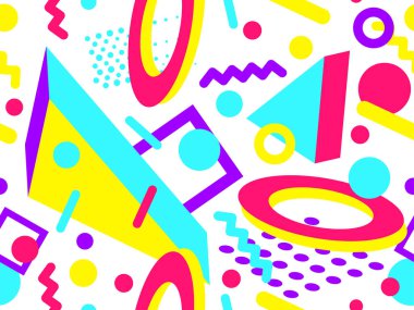 Memphis 'in 80' ler tarzında 3 boyutlu geometrik şekilleri var. İzometrik 3D şekilli renkli geometrik desen. Promosyon ürünleri tasarımı, ambalaj kağıdı ve baskı. Vektör illüstrasyonu