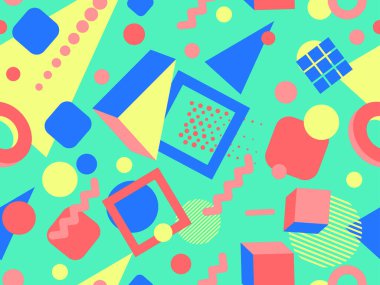 80 'lerin tarzında 3 boyutlu geometrik kusursuz desen. Üç boyutlu izometrik üçgenler, zikzaklar ve daireler. Geometrik memphis tarzı. Promosyon ürünleri, ambalaj kağıdı ve baskı için tasarım. Vektör illüstrasyonu