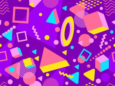 80 'lerin tarzında 3 boyutlu geometrik kusursuz desen. Üç boyutlu izometrik üçgenler, zikzaklar ve daireler. Geometrik memphis tarzı. Promosyon ürünleri, ambalaj kağıdı ve baskı için tasarım. Vektör illüstrasyonu