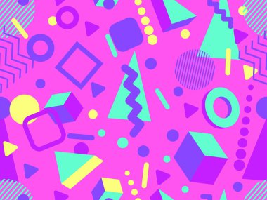 80 'lerin tarzında 3 boyutlu geometrik kusursuz desen. Üç boyutlu izometrik üçgenler, zikzaklar ve daireler. Geometrik memphis tarzı. Promosyon ürünleri, ambalaj kağıdı ve baskı için tasarım. Vektör illüstrasyonu