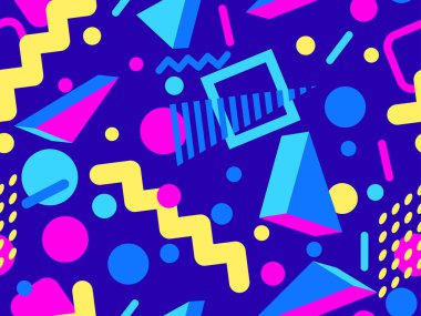 80 'lerin tarzında 3 boyutlu geometrik kusursuz desen. Üç boyutlu izometrik üçgenler, zikzaklar ve daireler. Geometrik memphis tarzı. Promosyon ürünleri, ambalaj kağıdı ve baskı için tasarım. Vektör illüstrasyonu