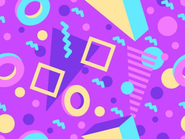 80 'lerin tarzında 3 boyutlu geometrik kusursuz desen. Üç boyutlu izometrik üçgenler, zikzaklar ve daireler. Geometrik memphis tarzı. Promosyon ürünleri, ambalaj kağıdı ve baskı için tasarım. Vektör illüstrasyonu