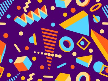 Memphis 'in 80' ler tarzında 3 boyutlu geometrik şekilleri var. İzometrik 3D şekilli renkli geometrik desen. Promosyon ürünleri tasarımı, ambalaj kağıdı ve baskı. Vektör illüstrasyonu