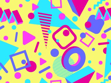 Memphis 'in 80' ler tarzında 3 boyutlu geometrik şekilleri var. İzometrik 3D şekilli renkli geometrik desen. Promosyon ürünleri tasarımı, ambalaj kağıdı ve baskı. Vektör illüstrasyonu