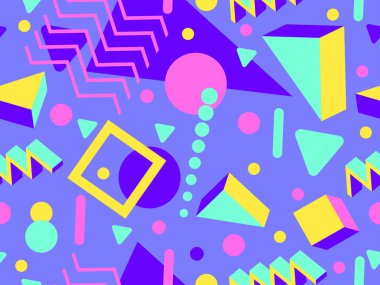 Memphis 'in 80' ler tarzında 3 boyutlu geometrik şekilleri var. İzometrik 3D şekilli renkli geometrik desen. Promosyon ürünleri tasarımı, ambalaj kağıdı ve baskı. Vektör illüstrasyonu