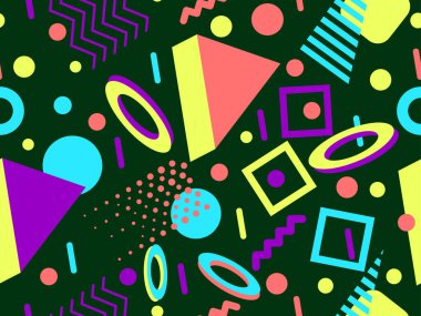 Memphis 'in 80' ler tarzında 3 boyutlu geometrik şekilleri var. İzometrik 3D şekilli renkli geometrik desen. Promosyon ürünleri tasarımı, ambalaj kağıdı ve baskı. Vektör illüstrasyonu