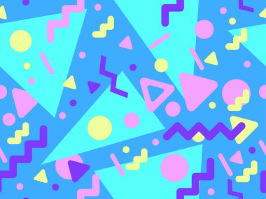 Memphis tarzında geometrik şekilli 80 'lerin kusursuz deseni. Daireler ve üçgenler. Promosyon ürünleri, afişler ve ambalaj kağıtları için renkli soyut bir arkaplan. Vektör illüstrasyonu