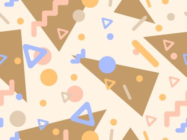 Memphis tarzında geometrik şekilli 80 'lerin kusursuz deseni. Daireler ve üçgenler. Promosyon ürünleri, afişler ve ambalaj kağıtları için renkli soyut bir arkaplan. Vektör illüstrasyonu