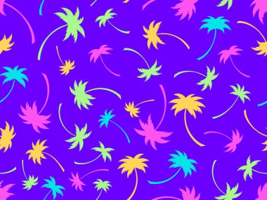 Renkli palmiye ağaçları pürüzsüz desenli. Yaz zamanı, tropikal şekilli duvar kâğıdı. Tişört, pankart ve promosyon ürünleri için tasarım. Vektör illüstrasyonu