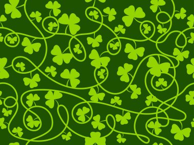 Aziz Patrick Günü için kusursuz yonca yaprakları. Birbirine dolanmış yeşil yonca ve yonca. Duvar kağıtları, afişler ve tanıtım malzemeleri için İrlanda tatil tasarımı. Vektör illüstrasyonu