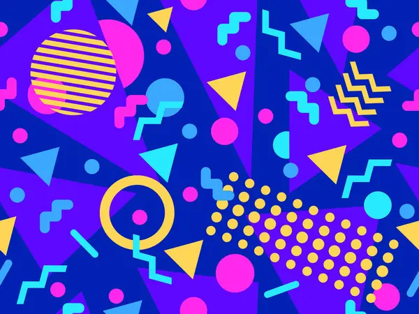 80 'ler ve 90' lar tarzında geometrik şekilli kusursuz Memphis deseni. Farklı şekil ve renklerin geometrik şekilleri. Promosyon ürünleri tasarımı, ambalaj kağıdı ve baskı. Vektör illüstrasyonu