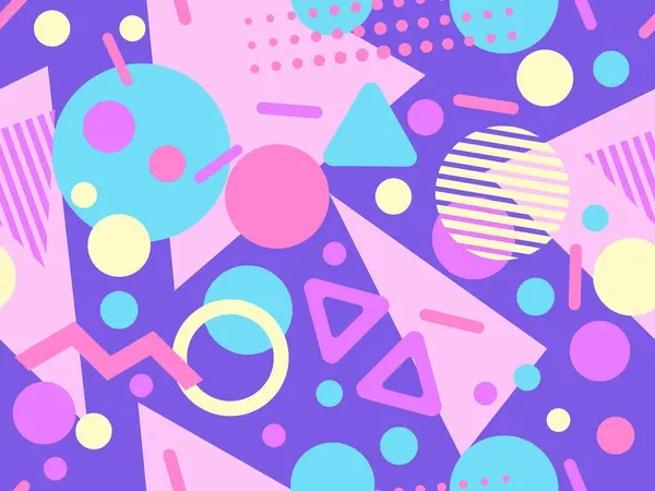 Memphis tarzında geometrik şekilli 80 'lerin kusursuz deseni. Daireler ve üçgenler. Promosyon ürünleri, afişler ve ambalaj kağıtları için renkli soyut bir arkaplan. Vektör illüstrasyonu