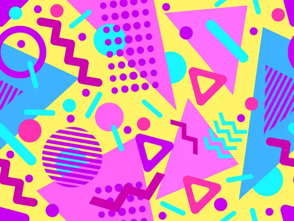 80 'ler ve 90' lar tarzında geometrik şekilli kusursuz Memphis deseni. Farklı şekil ve renklerin geometrik şekilleri. Promosyon ürünleri tasarımı, ambalaj kağıdı ve baskı. Vektör illüstrasyonu