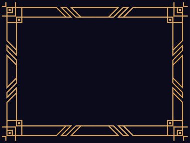 Art deco çerçeve. Klasik doğrusal sınır. Davetiyeler, broşürler ve tebrik kartları için bir şablon tasarla. Geometrik altın çerçeveli. 1920 'lerin tarzı - 1930' lar. Vektör illüstrasyonu