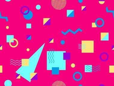 80 'ler ve 90' lar tarzında geometrik şekilli kusursuz Memphis deseni. Farklı şekil ve renklerin geometrik şekilleri. Promosyon ürünleri tasarımı, ambalaj kağıdı ve baskı. Vektör illüstrasyonu