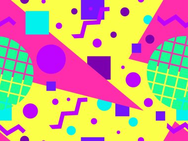 80 'ler ve 90' lar tarzında geometrik şekilli kusursuz Memphis deseni. Farklı şekil ve renklerin geometrik şekilleri. Promosyon ürünleri tasarımı, ambalaj kağıdı ve baskı. Vektör illüstrasyonu