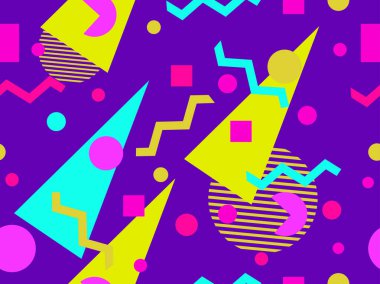 80 'ler ve 90' lar tarzında geometrik şekilli kusursuz Memphis deseni. Farklı şekil ve renklerin geometrik şekilleri. Promosyon ürünleri tasarımı, ambalaj kağıdı ve baskı. Vektör illüstrasyonu