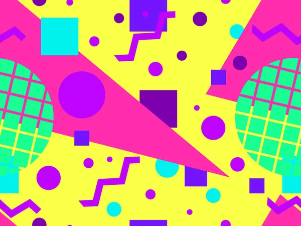 80 'ler ve 90' lar tarzında geometrik şekilli kusursuz Memphis deseni. Farklı şekil ve renklerin geometrik şekilleri. Promosyon ürünleri tasarımı, ambalaj kağıdı ve baskı. Vektör illüstrasyonu